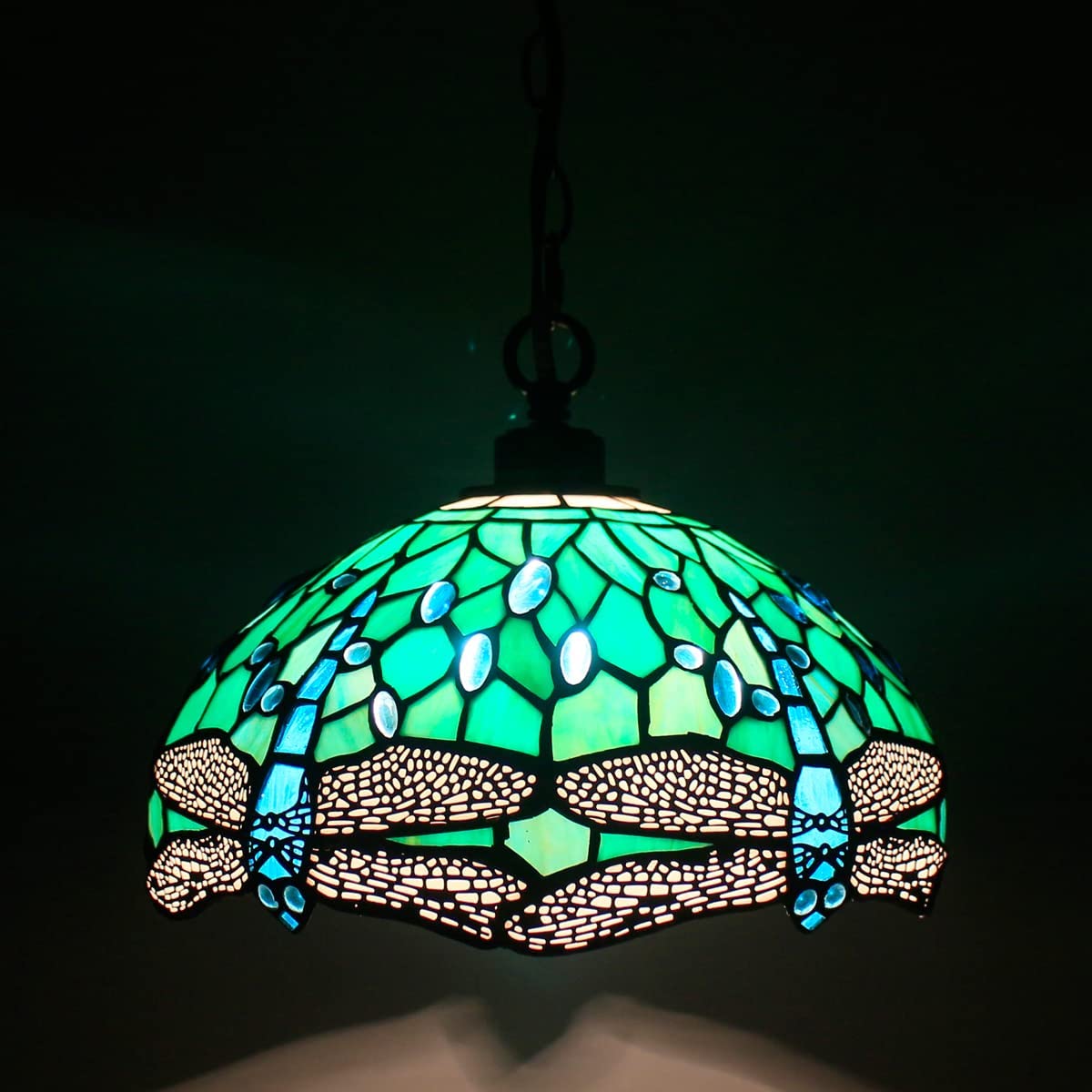 Werfactory® Tiffany Pendant Light 12 Inch Blue Stained Glass Dragonfly Hanging Lamp