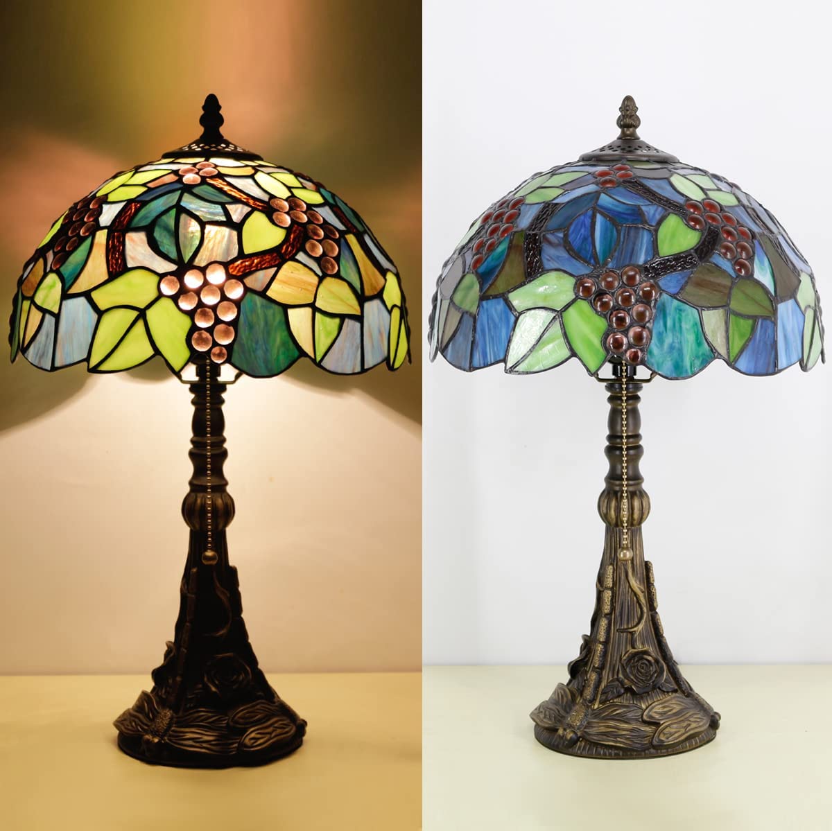 Werfactory® Tiffany Table Lamp 19 Inch High Green Stained Glass Grapes Style Reading Lamp