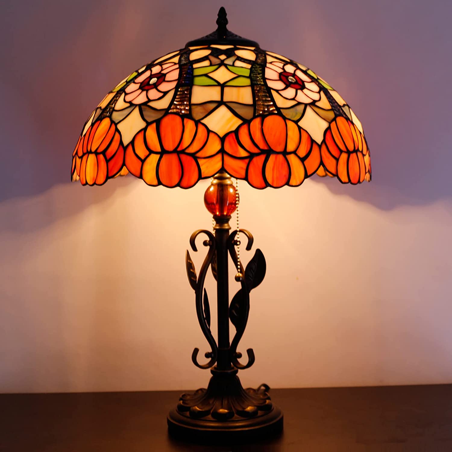 16 inch Tiffany Table Lamp Stained Glass Lamp Orange Flower Desk Light