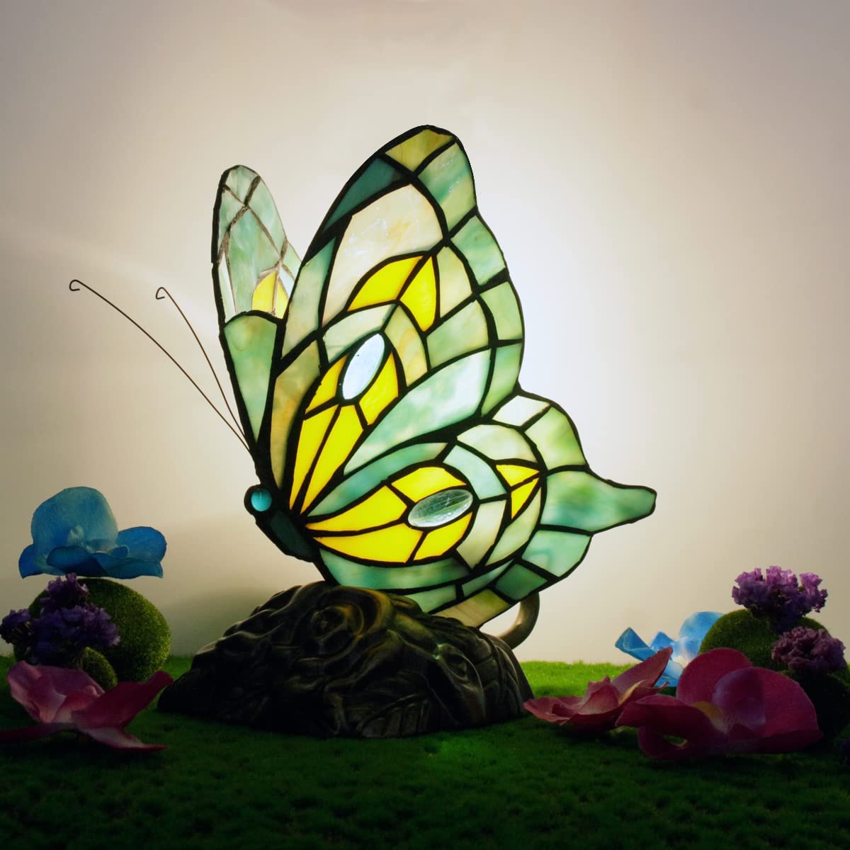 Werfactory® Tiffany Butterfly Lamp Cute Fairy Flying Wings Green Stained Glass Warm Light