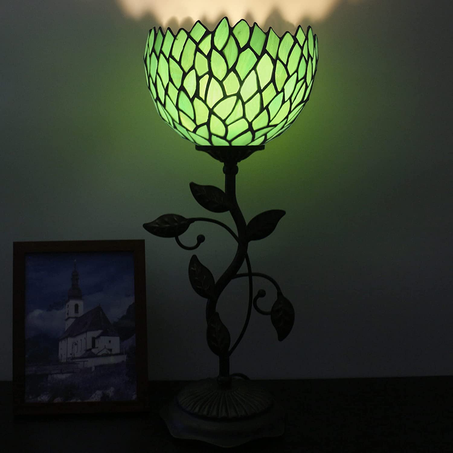 WERFACTORY Small Tiffany Table Lamp 8" Green Stained Glass Wisteria Style Shade 19" Tall Antique Vintage Metal Leaf Base Mini Bedside Accent Desk Torchiere Uplight