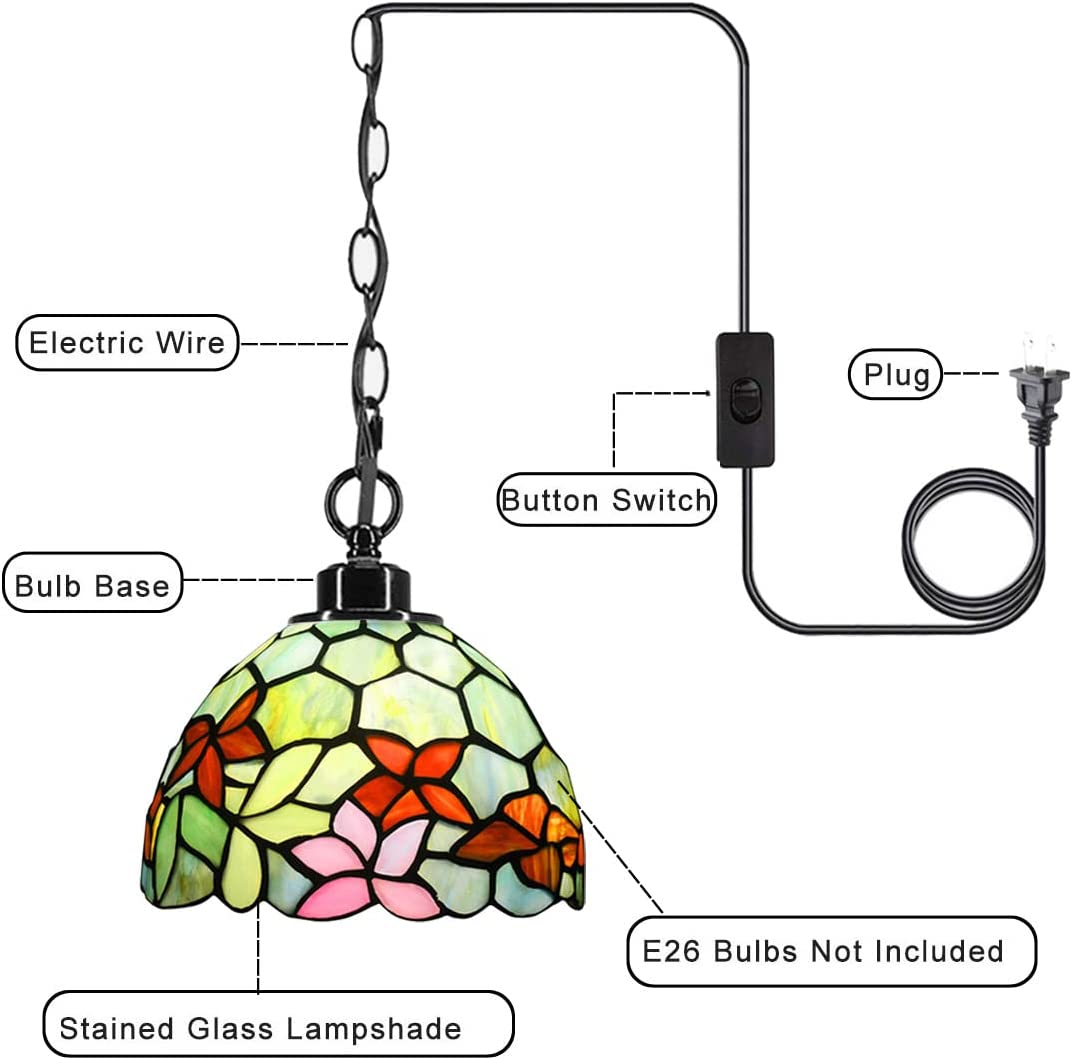 Werfactory® Small Tiffany Style Plug in Pendant Light Stained Glass Flower Chandelier