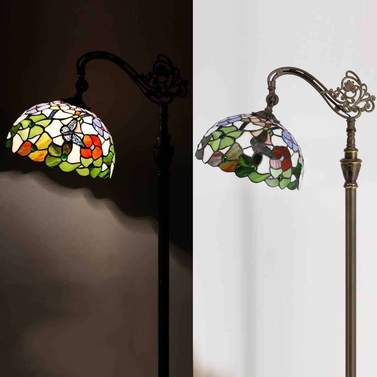 Werfactory® Tiffany Floor Lamp 12X18X65 Inches Stained Glass Butterfly Arched Gooseneck Reading Light