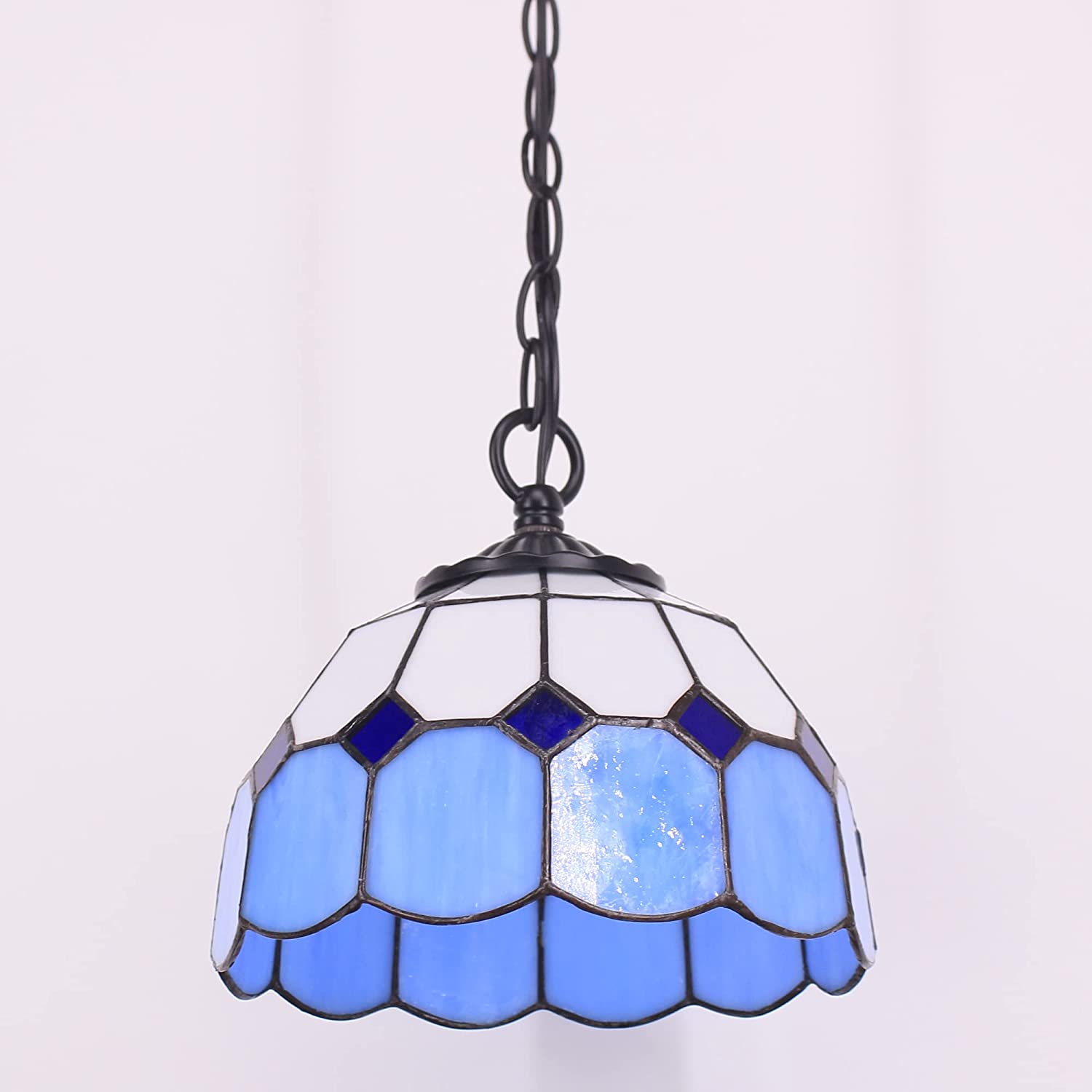 Tiffany Pendant Light with 8 Inch Blue Stained Glass Style Shade Hanging Lamp