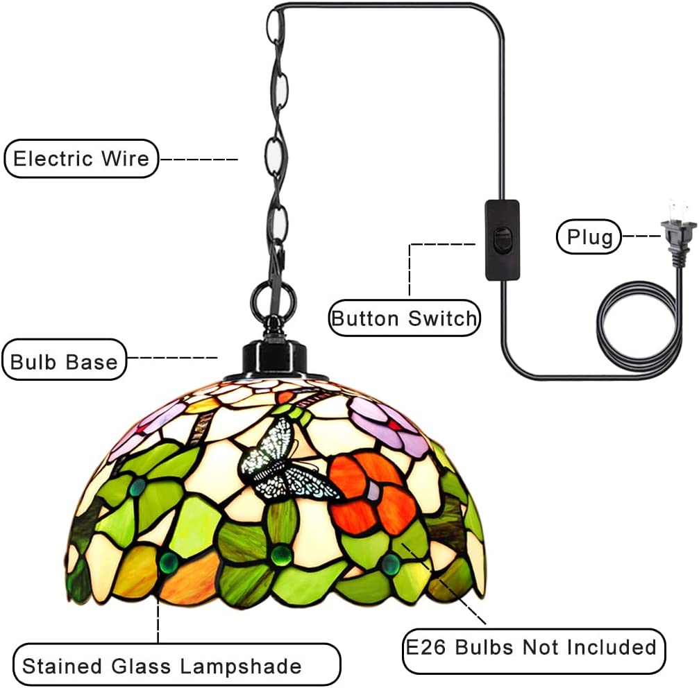 Werfactory® Tiffany Pendant Light 12 Inch Green Butterfly Style Stained Glass Chandelier