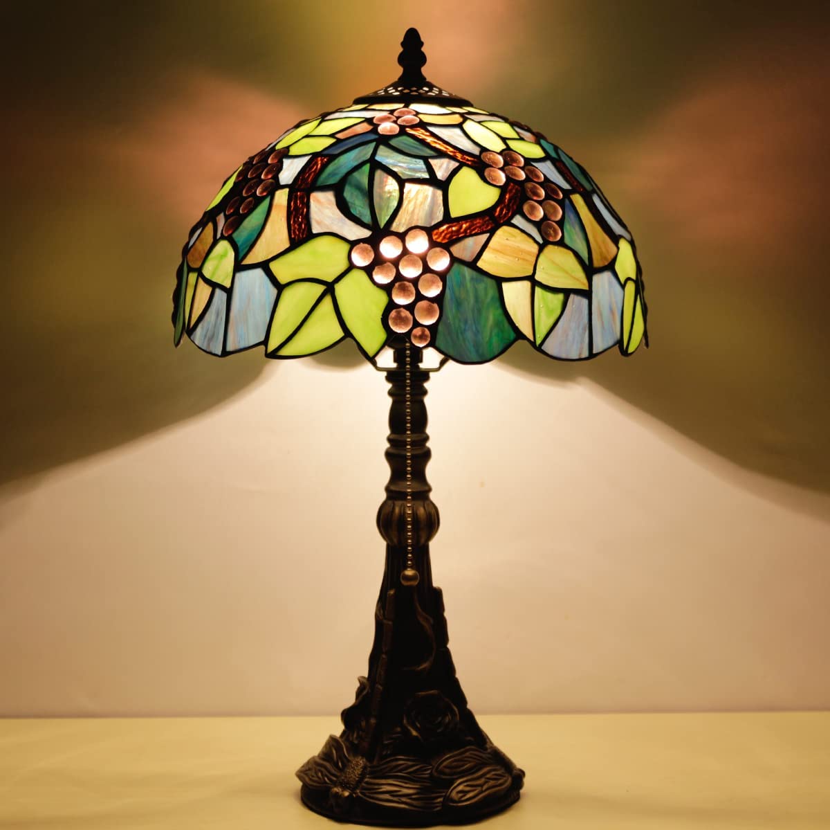 Werfactory® Tiffany Table Lamp 19 Inch High Green Stained Glass Grapes Style Reading Lamp