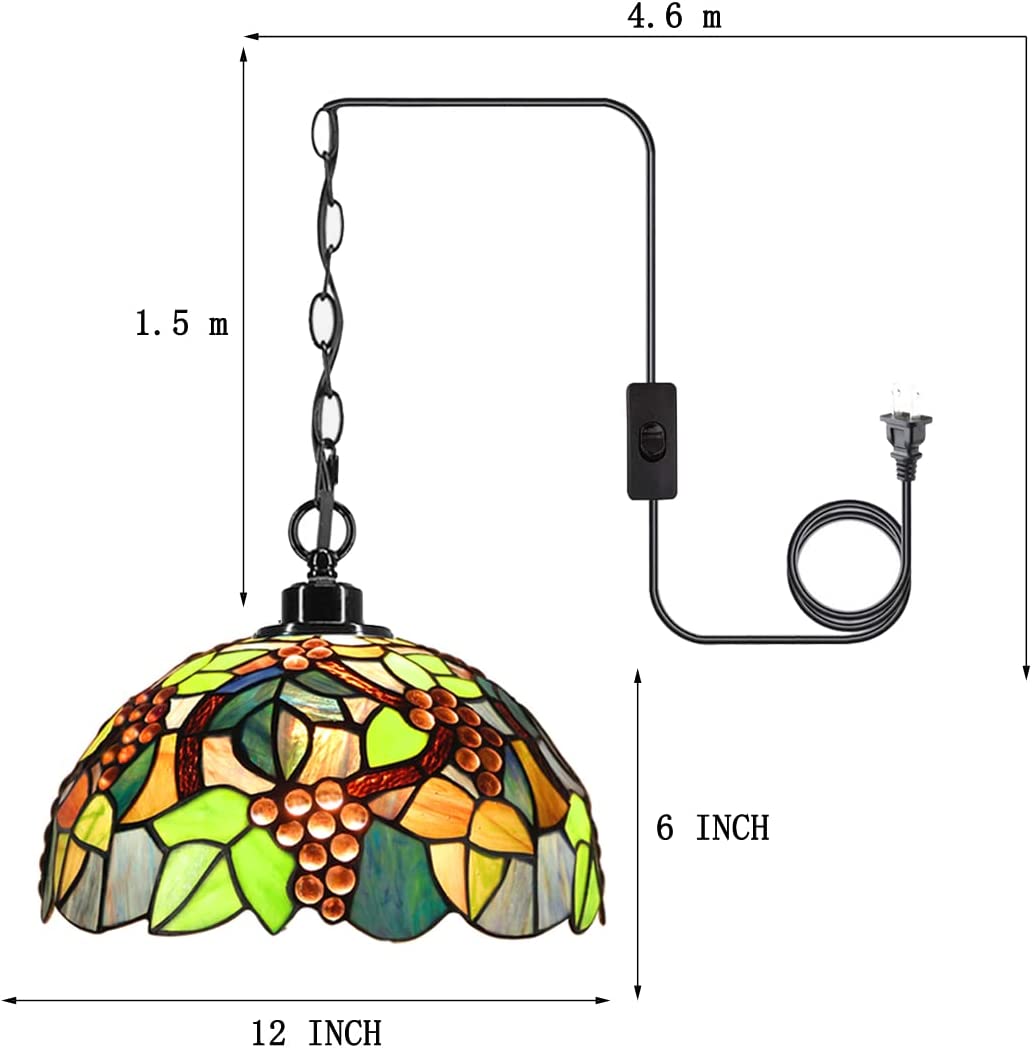 Werfactory® Tiffany Pendant Light 12 Inch Green Grape Style Stained Glass Chandelier