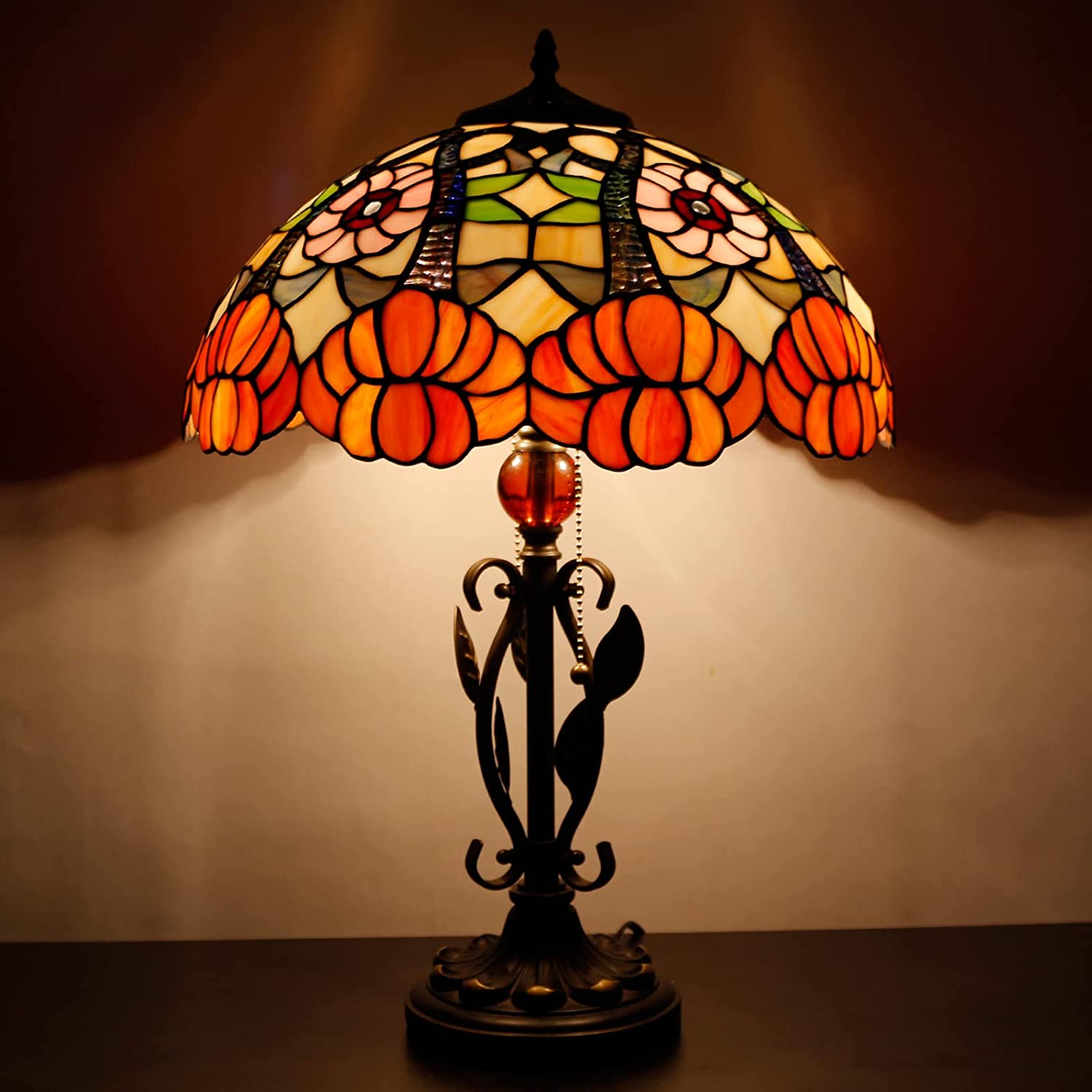 16 inch Tiffany Table Lamp Stained Glass Lamp Orange Flower Desk Light