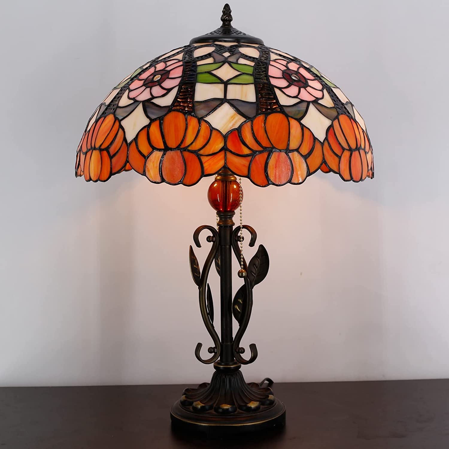 16 inch Tiffany Table Lamp Stained Glass Lamp Orange Flower Desk Light