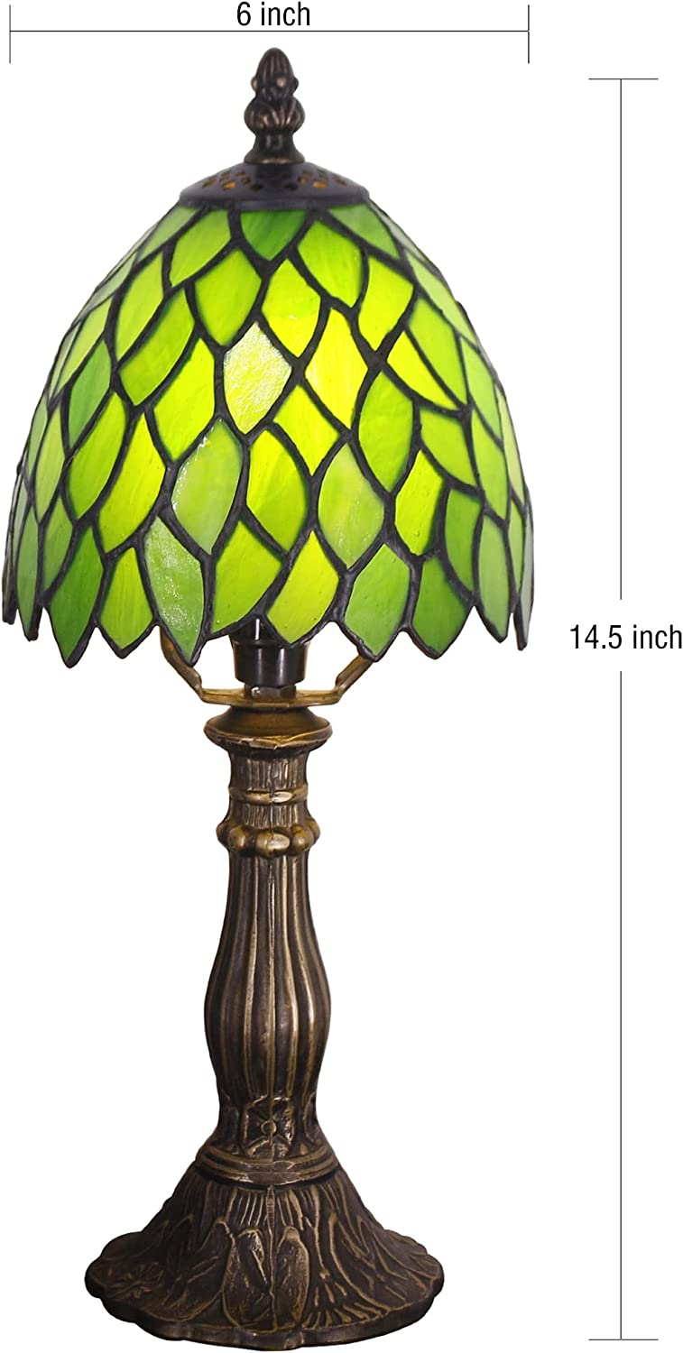 Werfactory® Small Tiffany Lamp Stained Glass Green Leaves Style Table Lamp 14" Tall