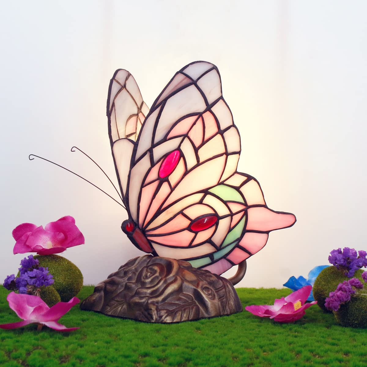 Werfactory® Tiffany Butterfly Lamp Cute Fairy Flying Wings Pink Stained Glass Warm Light