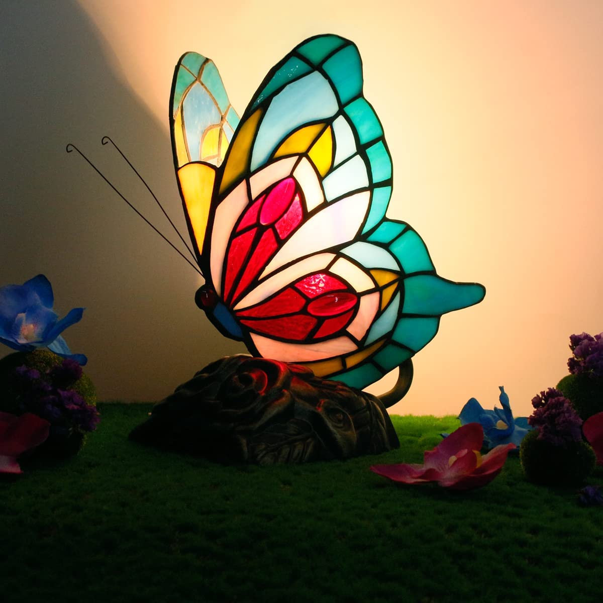 Werfactory® Tiffany Butterfly Lamp Cute Fairy Flying Wings Blue Stained Glass Warm Light