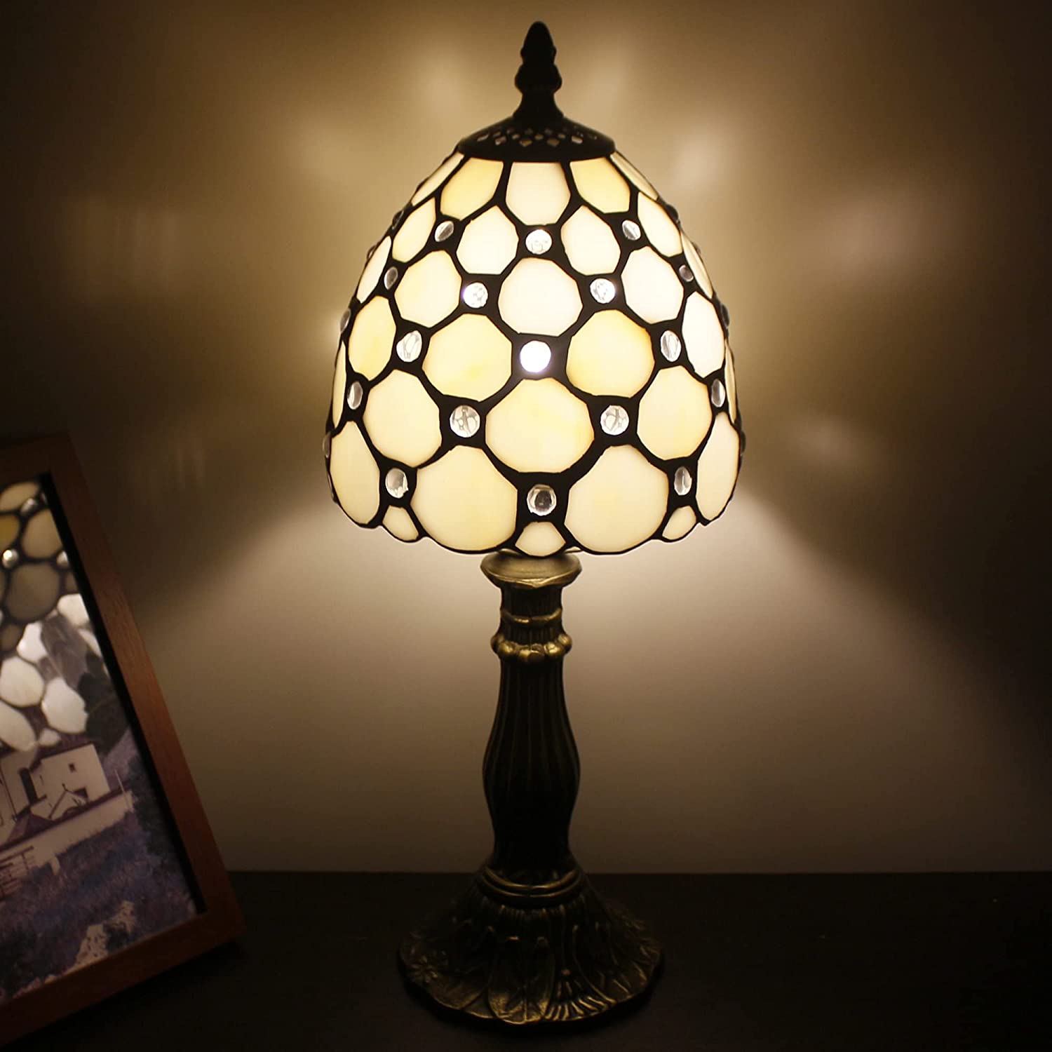 Werfactory® Small Tiffany Lamp White Crystal Bead Style Stained Glass Table Lamp 14" Tall