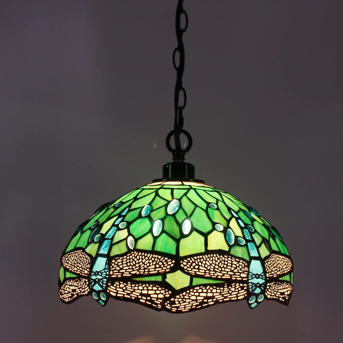 Werfactory® Tiffany Pendant Light 12 Inch Blue Stained Glass Dragonfly Hanging Lamp