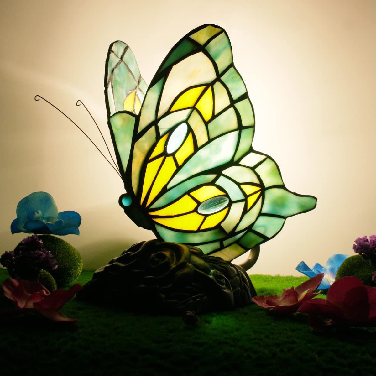 Werfactory® Tiffany Butterfly Lamp Cute Fairy Flying Wings Green Stained Glass Warm Light