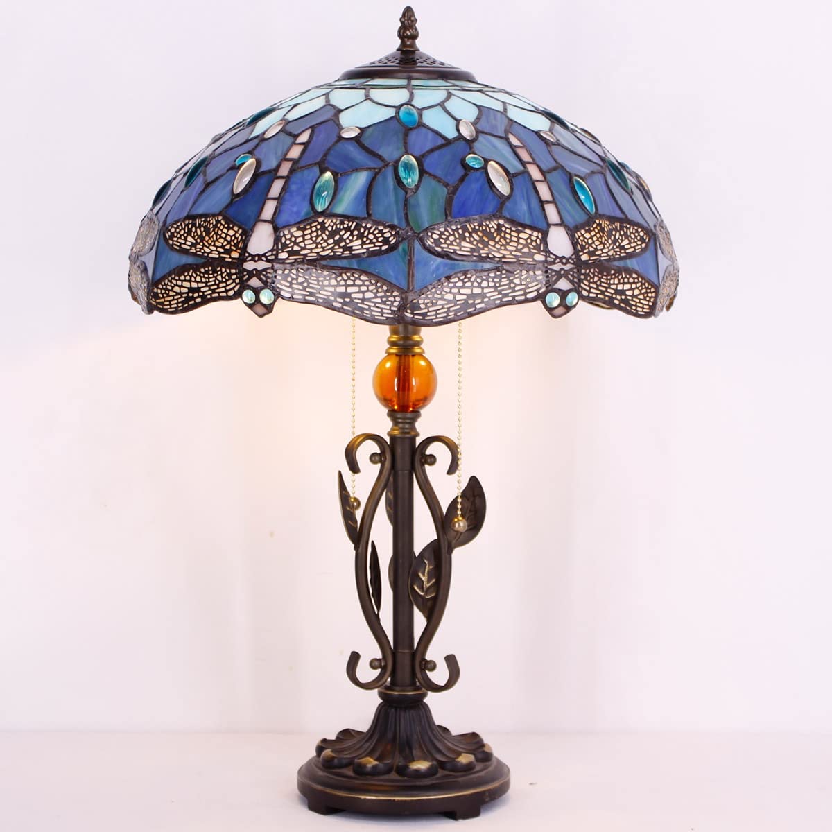 Werfactory® Tiffany Table Lamp Blue Stained Glass Dragonfly Desk Light 16Inch