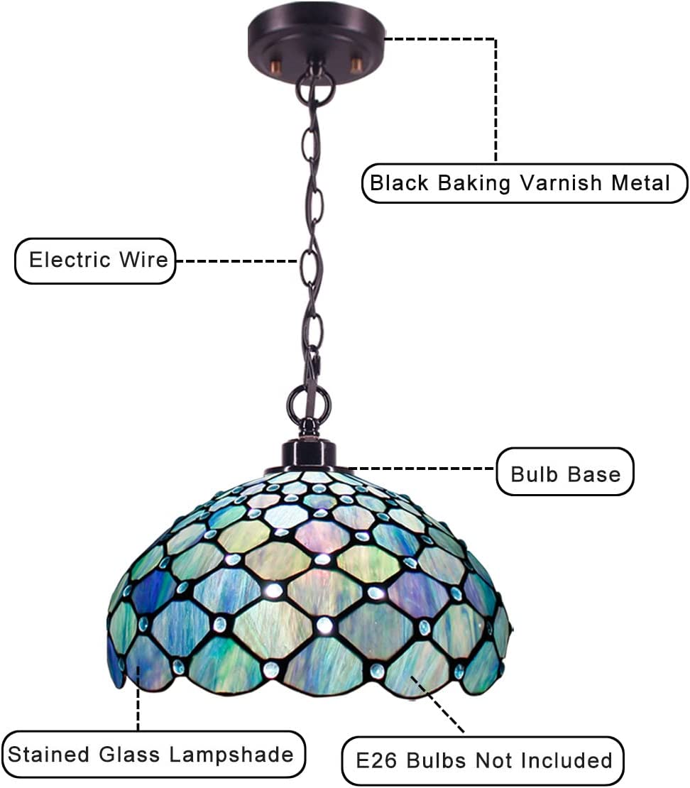 Werfactory® Tiffany Pendant Light Fixture 12 Inch Handmade Blue Stained Glass Hanging Lamp