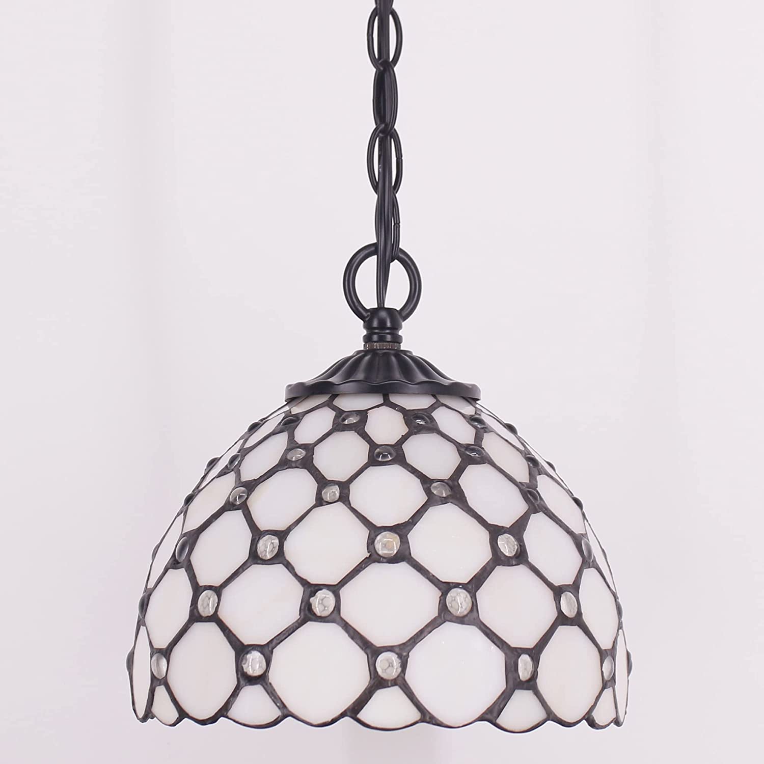 Werfactory® Tiffany Pendant Lighting with W8H7 Inch Crystal Bead White Stained Glass Hanging Lamp