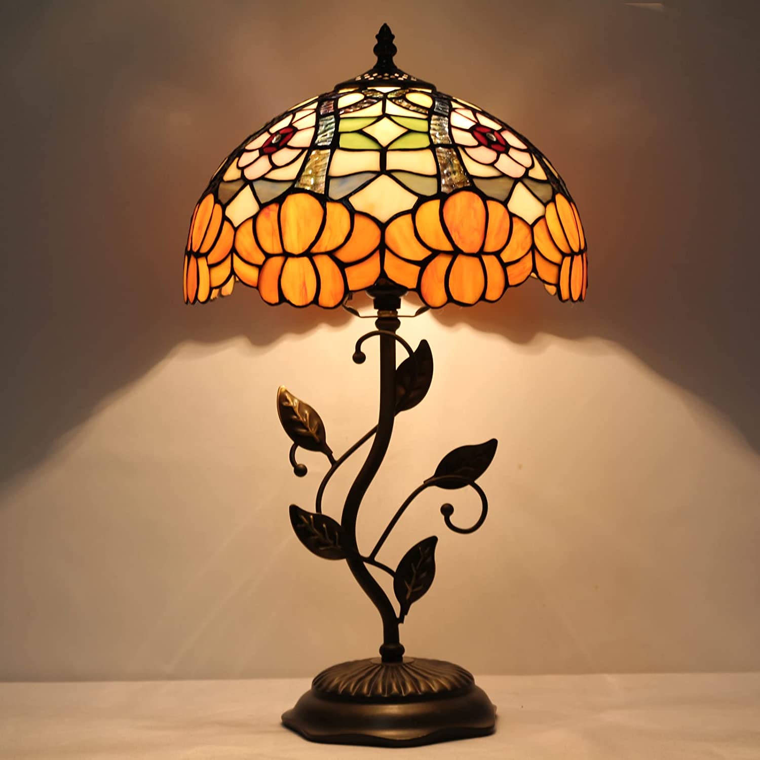 12 inch Werfactory® Table Lamp Stained Glass Lamp Orange Flower Desk Light