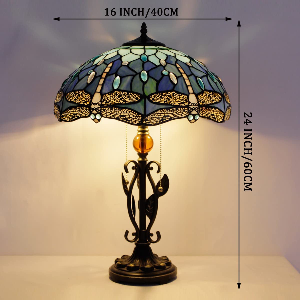 Werfactory® Tiffany Table Lamp Blue Stained Glass Dragonfly Desk Light 16Inch