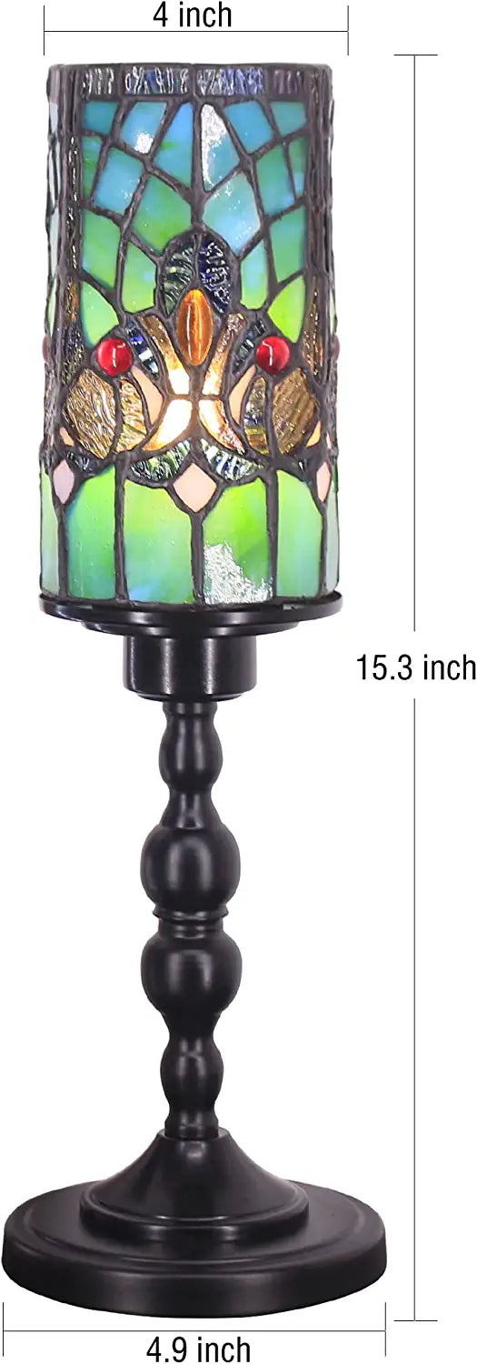 WERFACTORY Small Tiffany Lamp Mini Stained Glass Table Lamp Wide 4 Tall 15 Inch Green Victorian Style Rustic Night Light