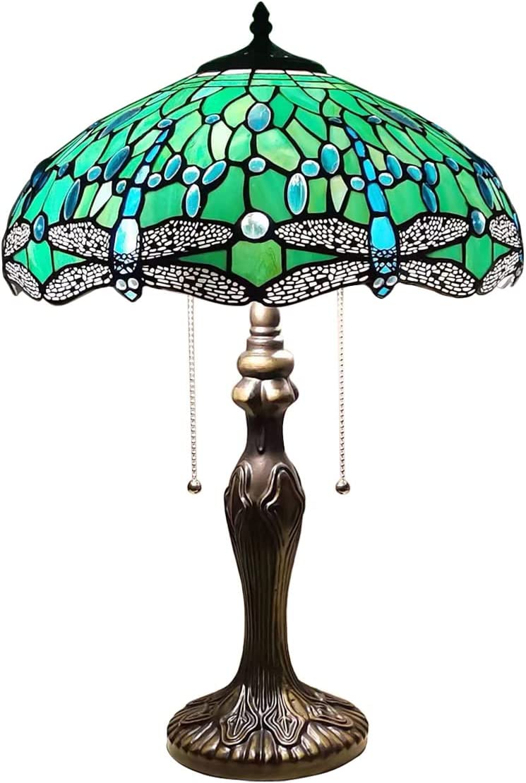 Werfactory® Tiffany Table Lamp Green Stained Glass Dragonfly Style Reading Lamp
