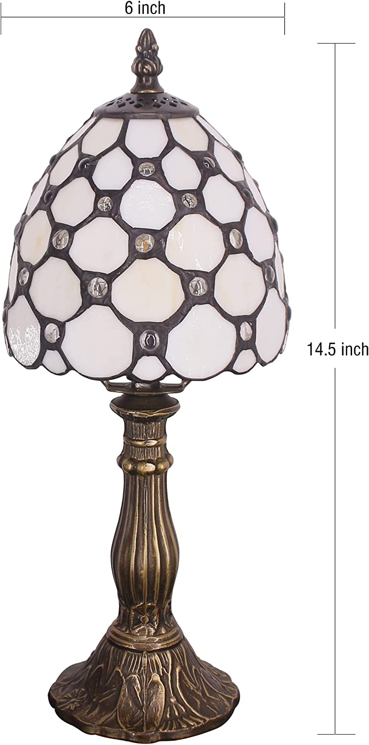Werfactory® Small Tiffany Lamp White Crystal Bead Style Stained Glass Table Lamp 14" Tall