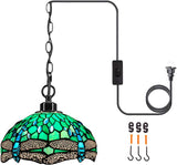 Werfactory® Tiffany Pendant Light 12 Inch Blue Stained Glass Dragonfly Hanging Lamp