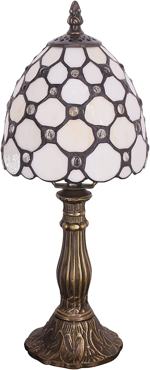 Werfactory® Small Tiffany Lamp White Crystal Bead Style Stained Glass Table Lamp 14" Tall