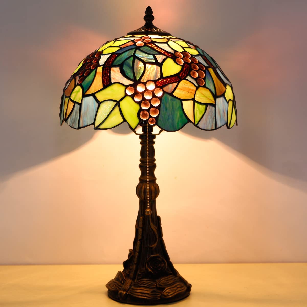 Werfactory® Tiffany Table Lamp 19 Inch High Green Stained Glass Grapes Style Reading Lamp
