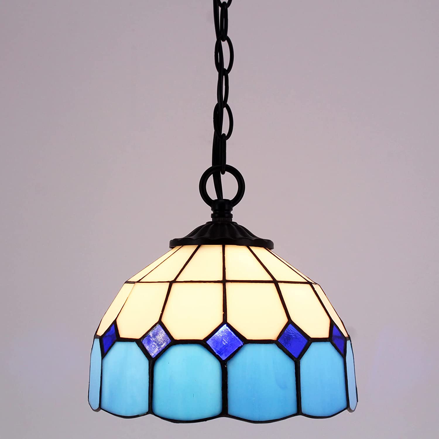 Tiffany Pendant Light with 8 Inch Blue Stained Glass Style Shade Hanging Lamp