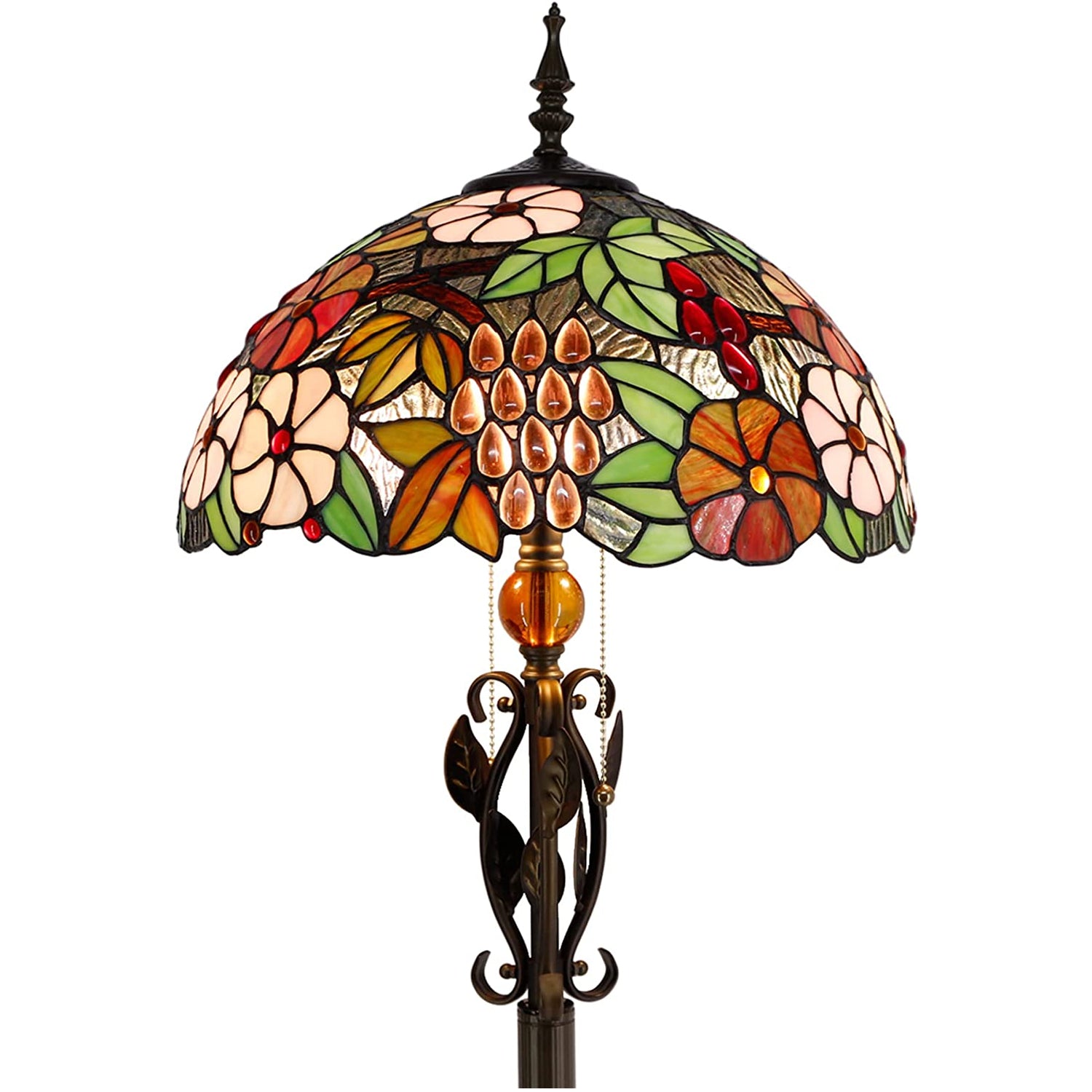 Tiffany Floor Lamp Stained Glass Green Grape Stainding Light W16H70 Inch Iron Metal Leaves Bronze Base