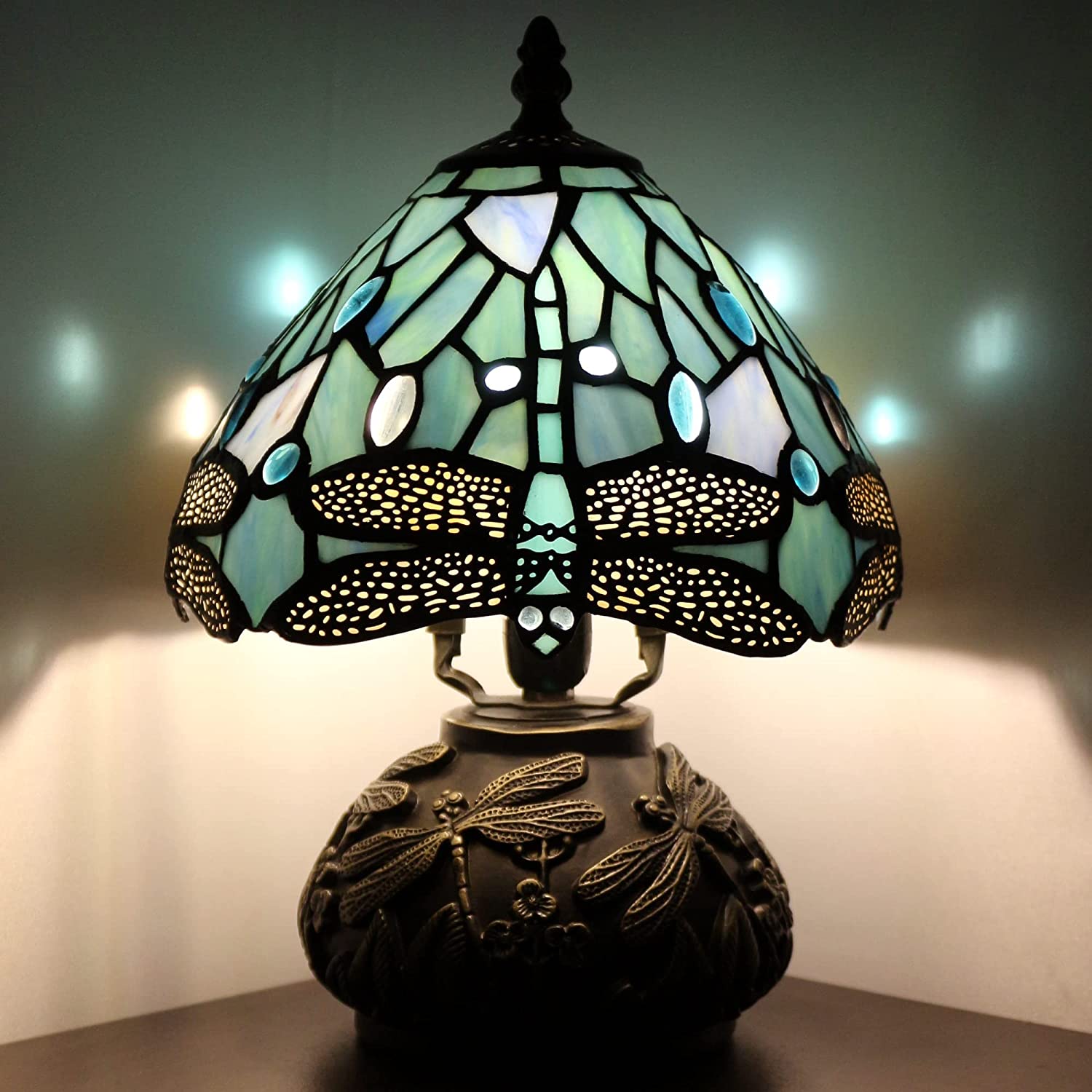 Werfactory® Rustic Tiffany Style Night Light with 8" Sea Blue Stained Glass Dragonfly Shade, 11"