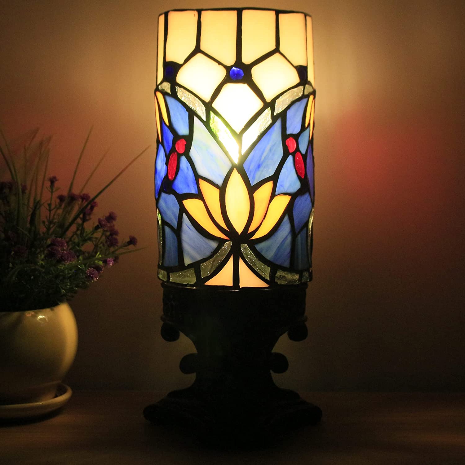 Werfactory® Small Tiffany Lamp Stained Glass Table Lamp Blue Lotus Candle Type Desk Lamp