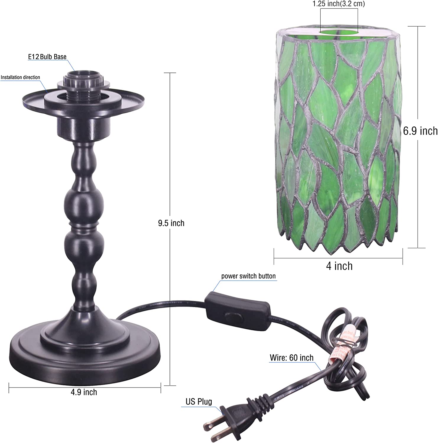 Werfactory Small Tiffany Lamp Stained Glass Table Lamp Green Leaf Style Lamp