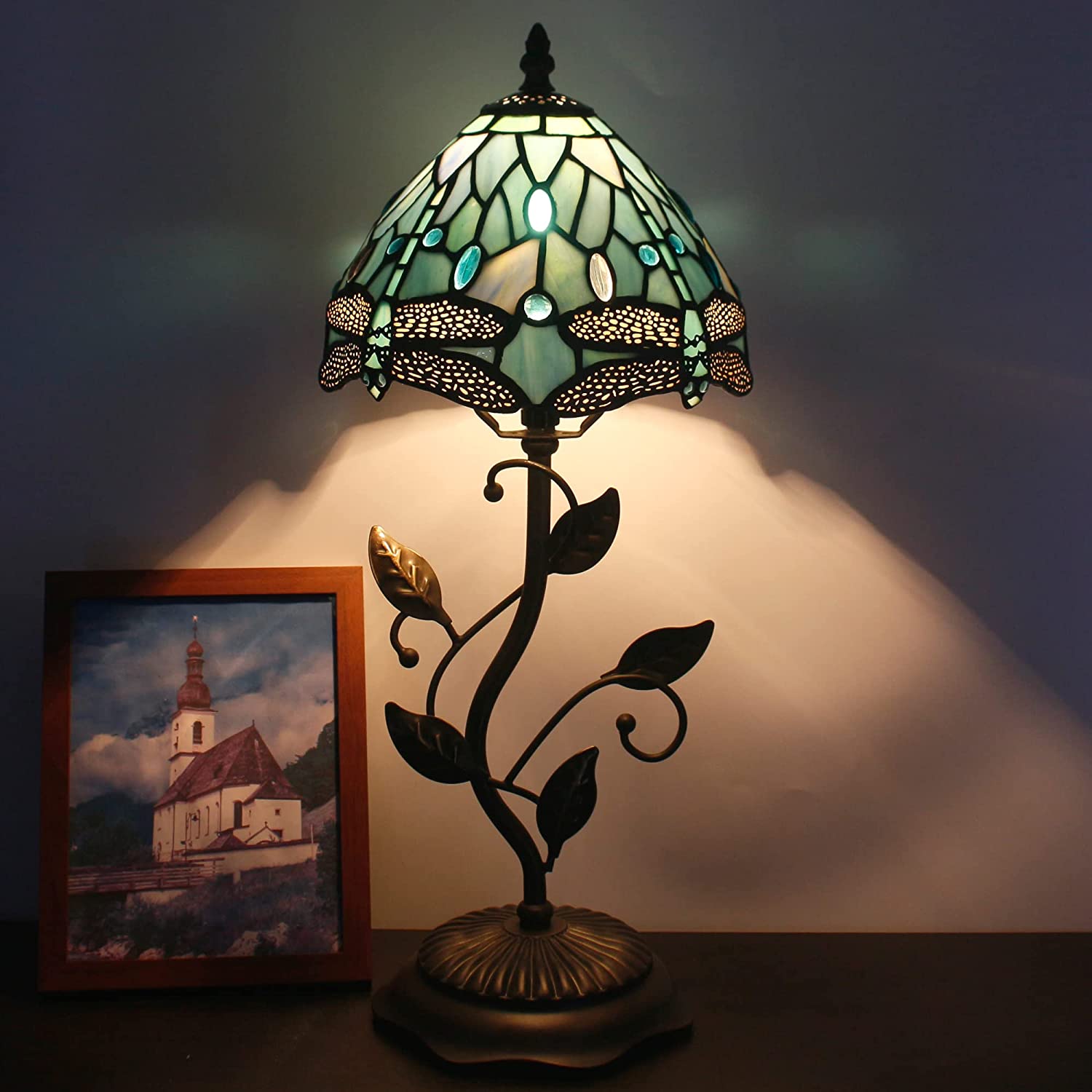 Werfactory® Tiffany Night Light with 8" Sea Blue Stained Glass Dragonfly Style Shade 19" Tall Farmhouse Luxury Rustic Metal Leaf Table Lamp, Small Cute Memory Bedside Lamp