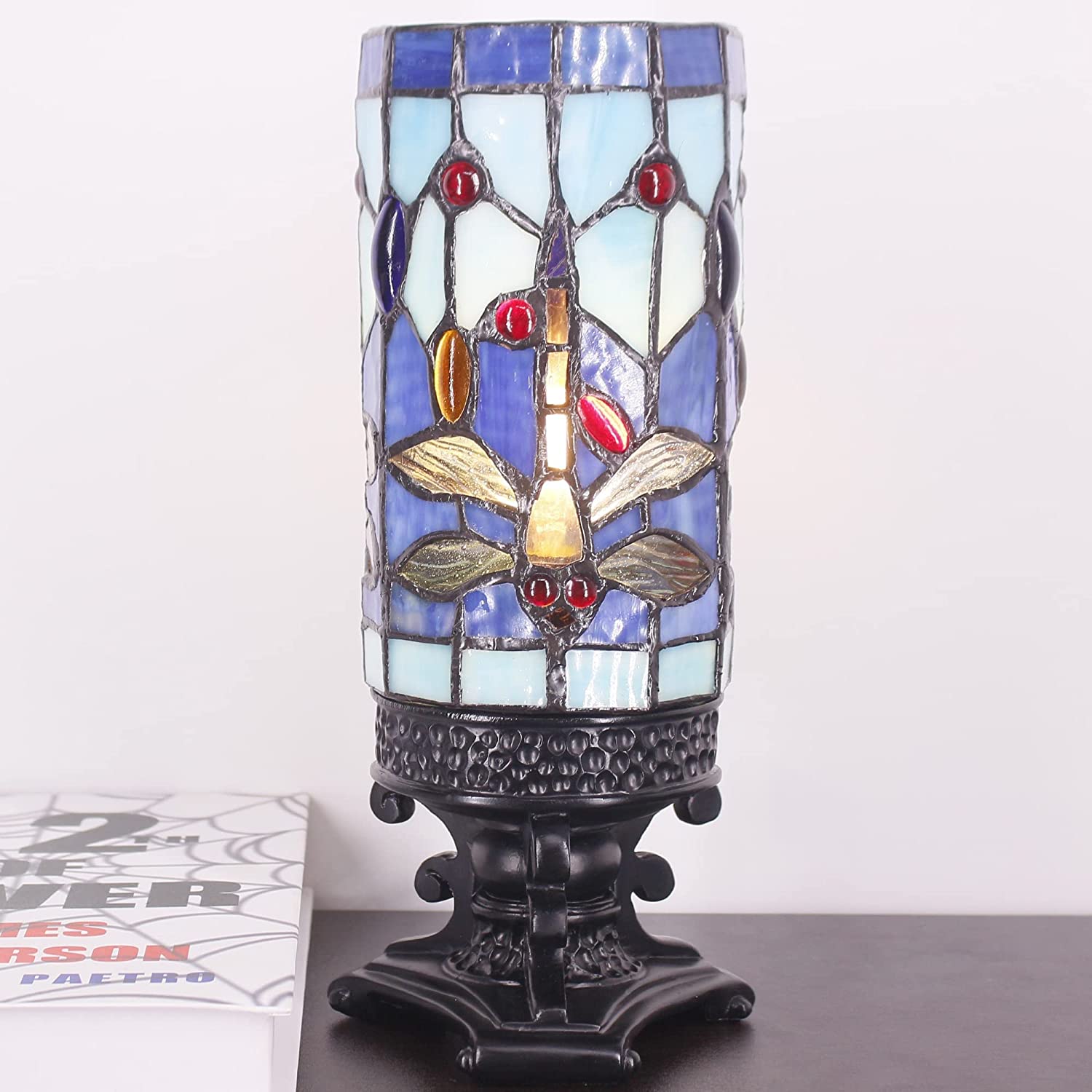 WERFACTORY Small Tiffany Lamp Mini Stained Glass Table Lamp Wide 4 Tall 10 Inch Blue Dragonfly Style Desk Night Light