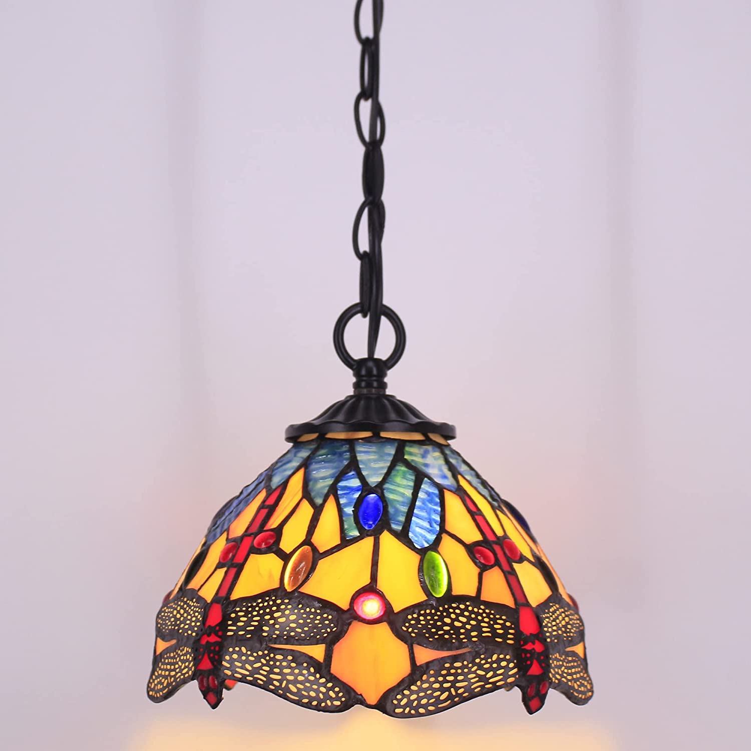 Werfactory® Tiffany Pendant Lighting Yellow Blue Stained Glass Dragonfly Hanging Lamp