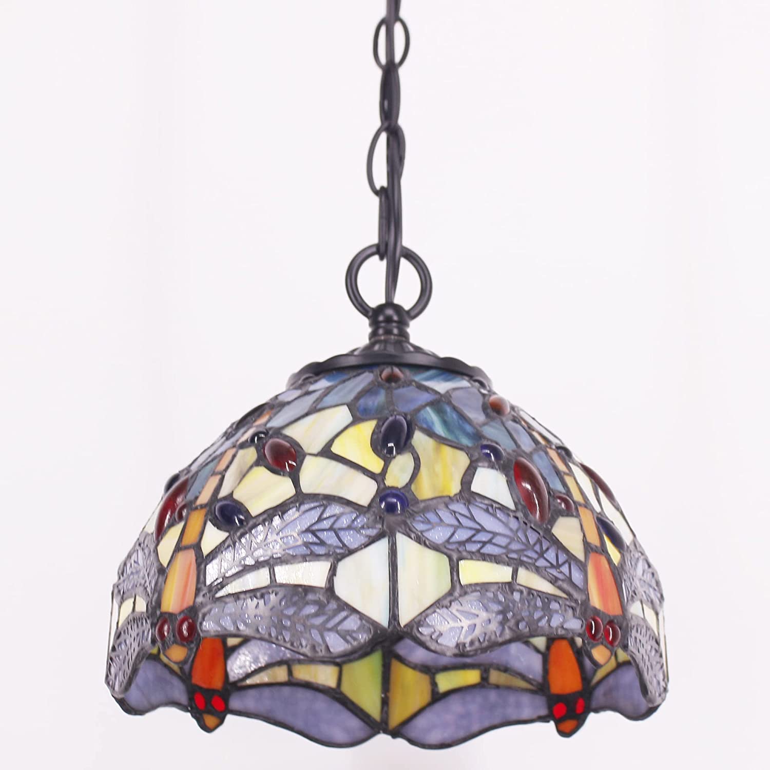 Tiffany Pendant Light Yellow Stained Glass Dragonfly Shade Hanging Lamp