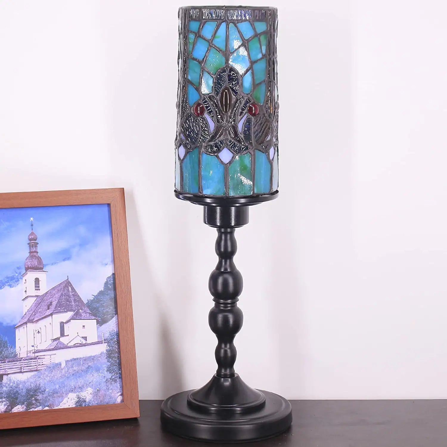 WERFACTORY Small Tiffany Lamp Mini Stained Glass Table Lamp Wide 4 Tall 15 Inch Green Victorian Style Rustic Night Light