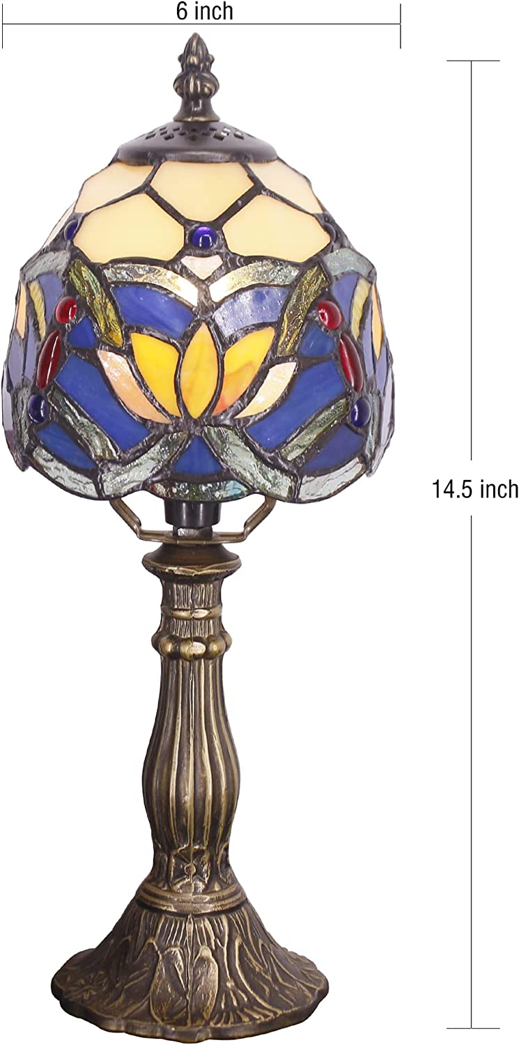 Werfactory® Small Tiffany Lamp Blue Stained Glass Lotus Style Table Lamp, 14" Tall