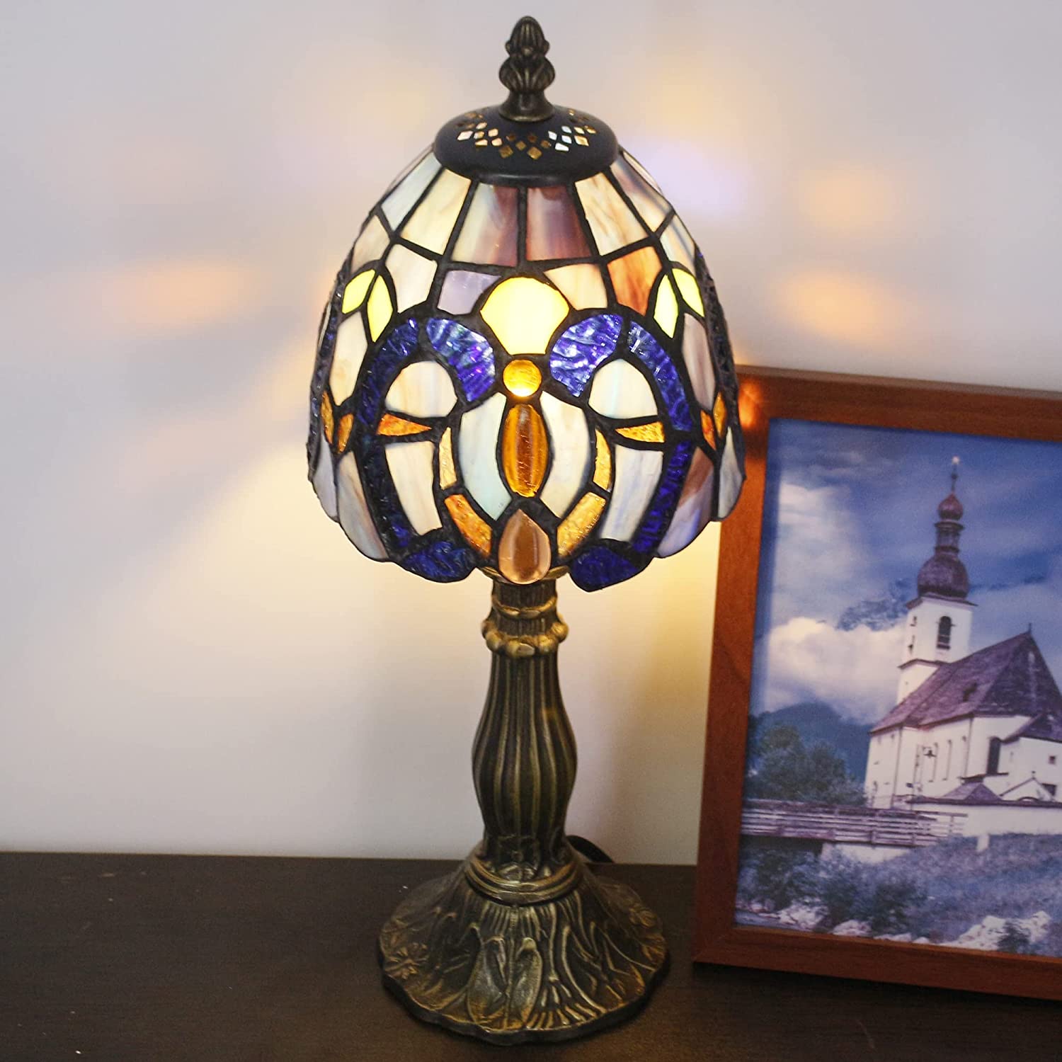 Werfactory® Small Tiffany Lamp Cloudy Style Stained Glass Table Lamp, 14" Tall