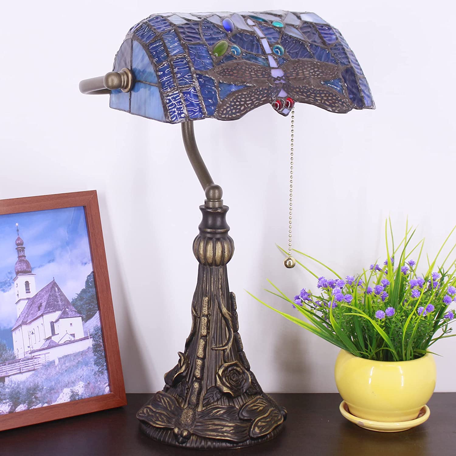 Werfactory® Banker Lamp Tiffany Desk Lamp Navy Blue Dragonfly Style Stained Glass Table Lamp 15" Tall