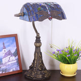Werfactory® Banker Lamp Tiffany Desk Lamp Navy Blue Dragonfly Style Stained Glass Table Lamp 15" Tall