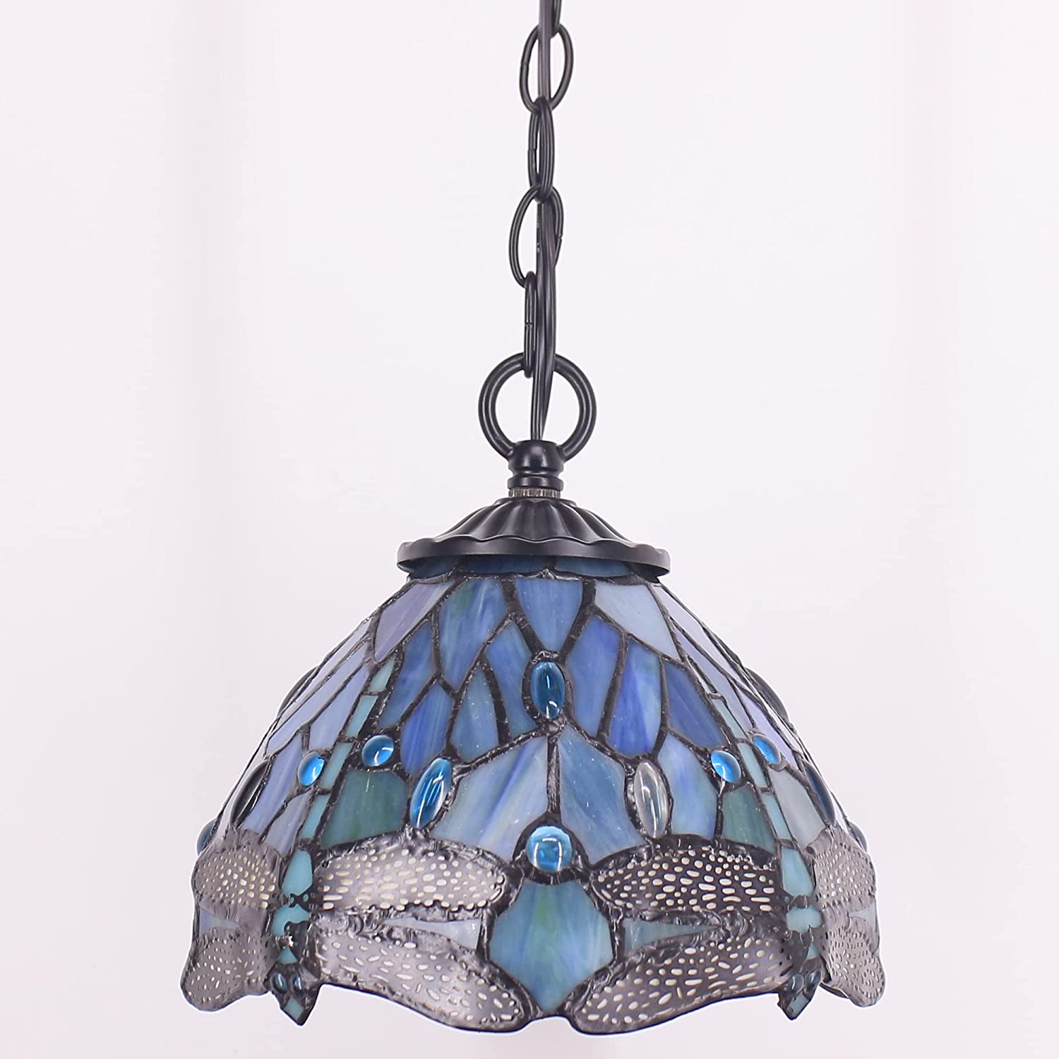 Werfactory® Tiffany Pendant Light Sea Blue Stained Glass Dragonfly Style Wide 8 Inch Hanging Lamp