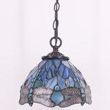 Werfactory® Tiffany Pendant Light Sea Blue Stained Glass Dragonfly Style Wide 8 Inch Hanging Lamp