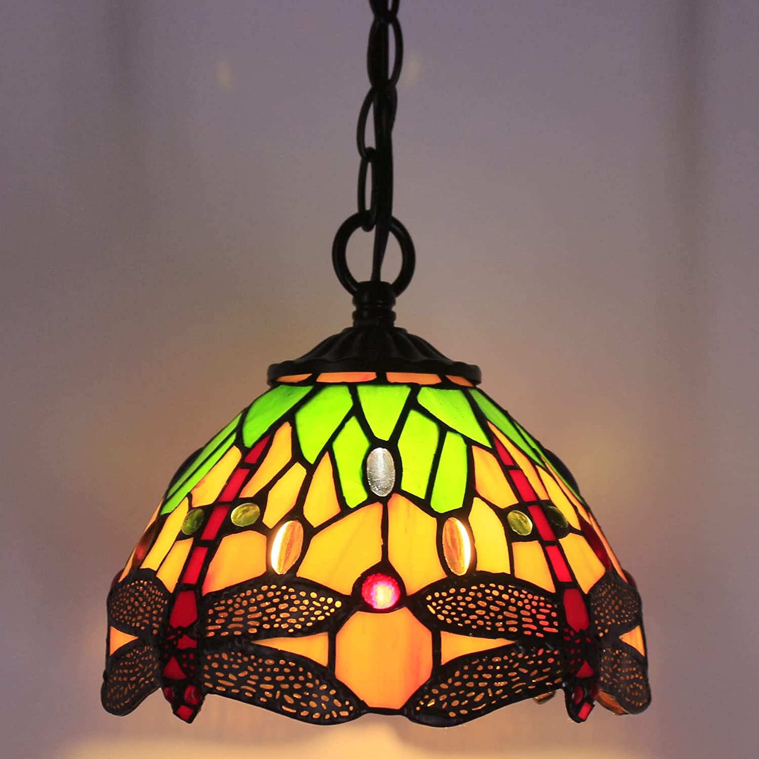 Werfactory® Tiffany Pendant Lighting with 8 Inch Green Stained Glass Dragonfly Style Hanging Lamp