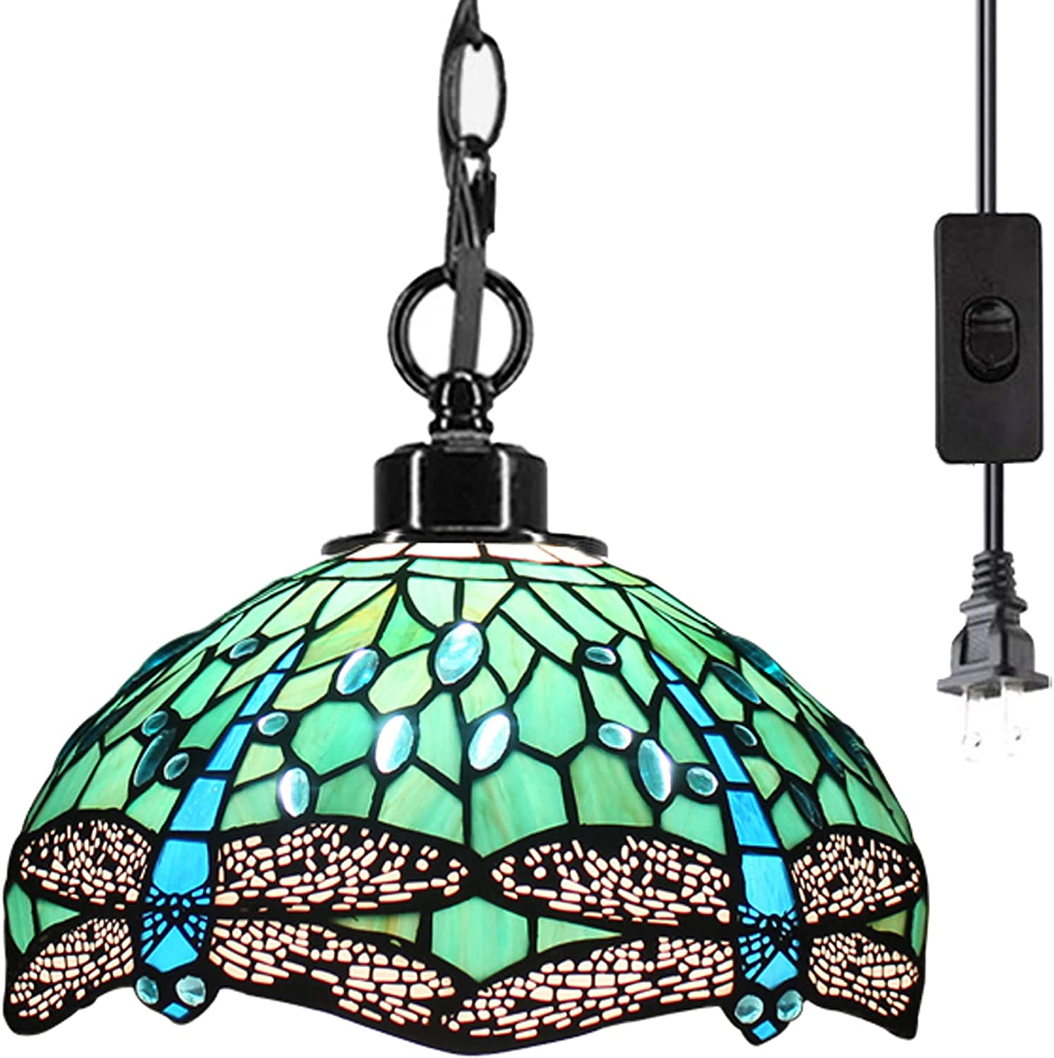 Werfactory® Tiffany Pendant Light 12 Inch Blue Stained Glass Dragonfly Hanging Lamp