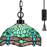 Werfactory® Tiffany Pendant Light 12 Inch Blue Stained Glass Dragonfly Hanging Lamp