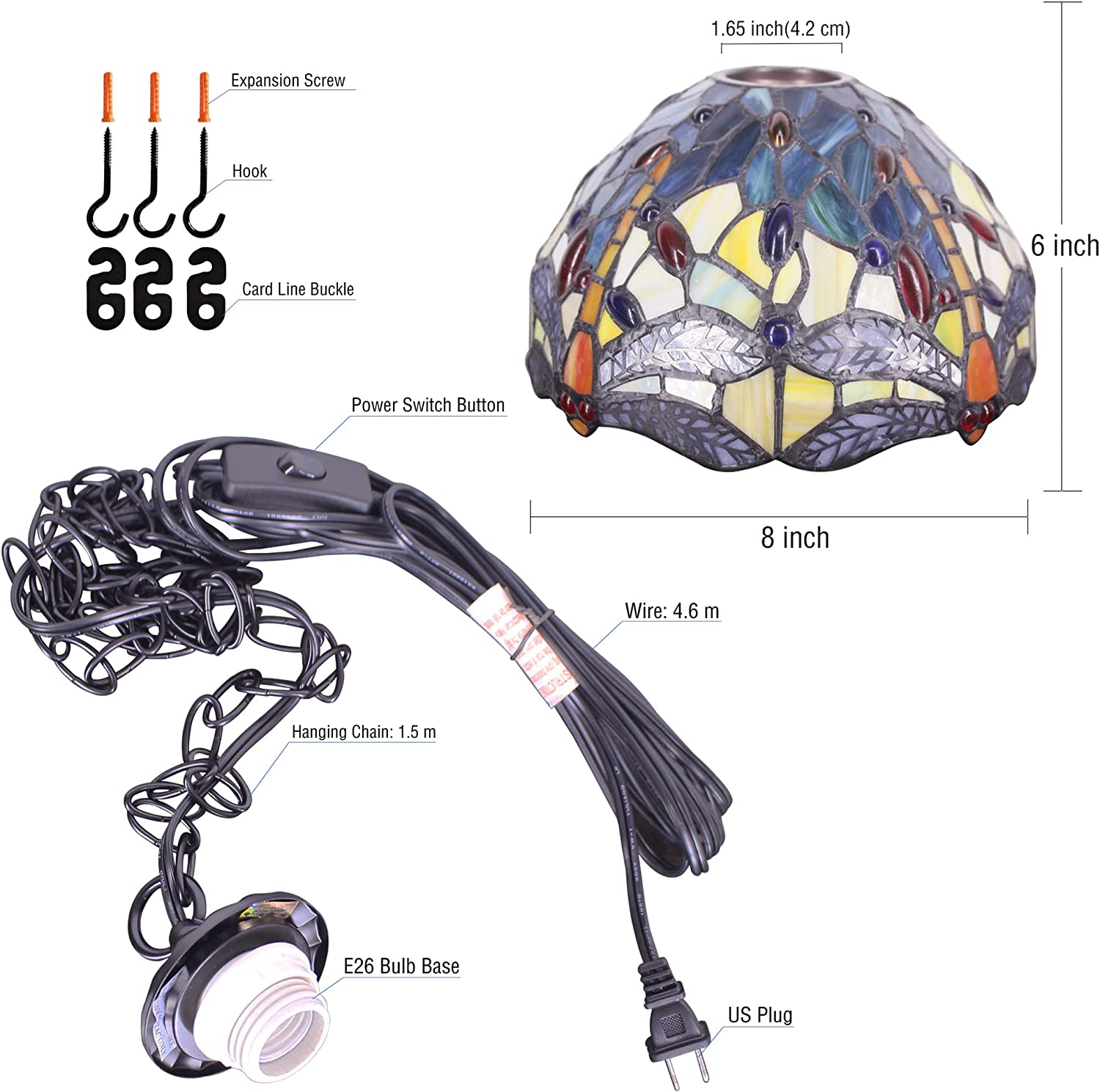 Tiffany Pendant Light Yellow Stained Glass Dragonfly Shade Hanging Lamp